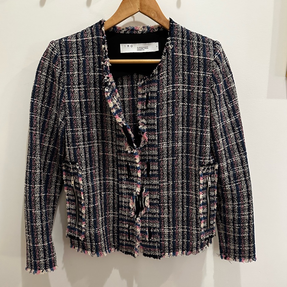 IRO Frannie Distressed Tweed Jacket Pink Blue size 38